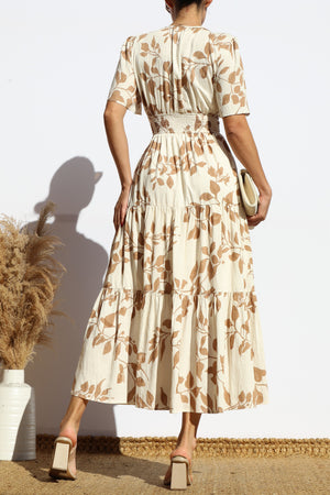 DD7914, PRINTED V NECK TIERED MIDI DRESS