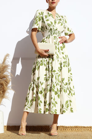 DD7914, PRINTED V NECK TIERED MIDI DRESS