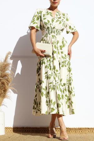 DD7914, PRINTED V NECK TIERED MIDI DRESS