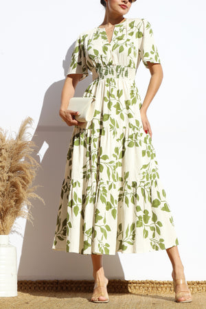 DD7914, PRINTED V NECK TIERED MIDI DRESS