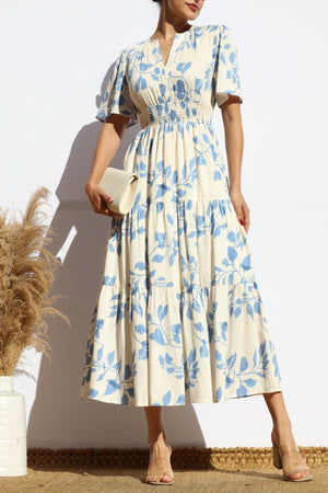 DD7914, PRINTED V NECK TIERED MIDI DRESS