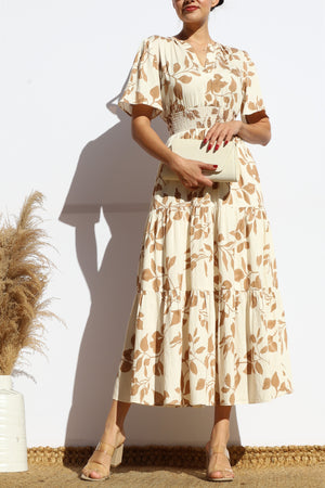 DD7914, PRINTED V NECK TIERED MIDI DRESS