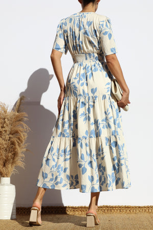 DD7914, PRINTED V NECK TIERED MIDI DRESS