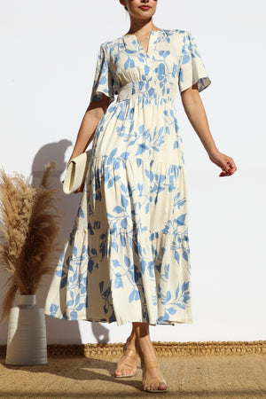 DD7914, PRINTED V NECK TIERED MIDI DRESS