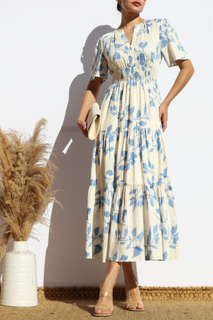 DD7914, PRINTED V NECK TIERED MIDI DRESS