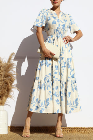 DD7914, PRINTED V NECK TIERED MIDI DRESS