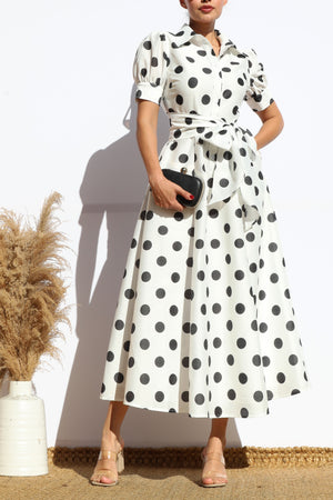 DD7975, POLKA DOT BUTTON DOWN MIDI DRESS