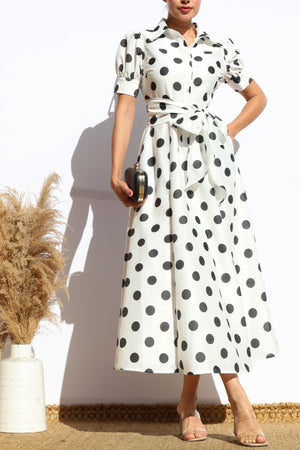 DD7975, POLKA DOT BUTTON DOWN MIDI DRESS