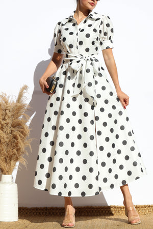 DD7975, POLKA DOT BUTTON DOWN MIDI DRESS
