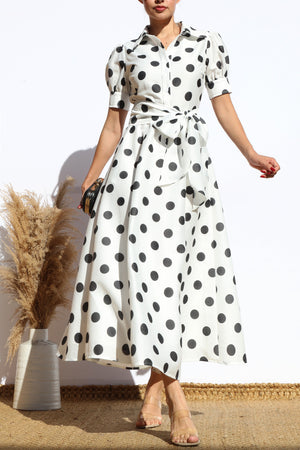 DD7975, POLKA DOT BUTTON DOWN MIDI DRESS