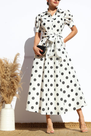 DD7975, POLKA DOT BUTTON DOWN MIDI DRESS