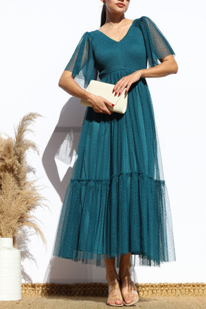 DD4650, SMOCKED TOP MESH RUFFLED MIDI DRESS