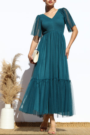 DD4650, SMOCKED TOP MESH RUFFLED MIDI DRESS