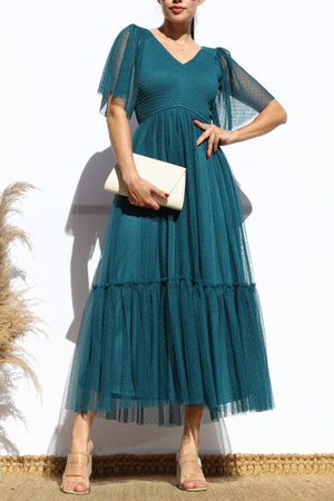 DD4650, SMOCKED TOP MESH RUFFLED MIDI DRESS
