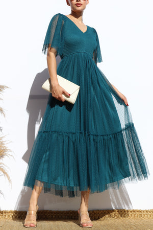 DD4650, SMOCKED TOP MESH RUFFLED MIDI DRESS