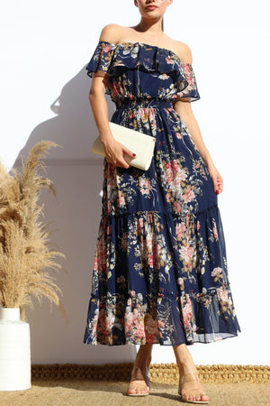 DD7959, FLORAL OFF SHOULDER MIDI DRESS