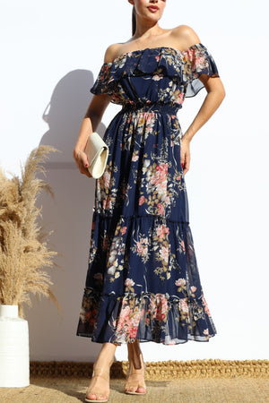 DD7959, FLORAL OFF SHOULDER MIDI DRESS