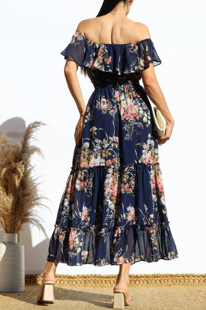 DD7959, FLORAL OFF SHOULDER MIDI DRESS