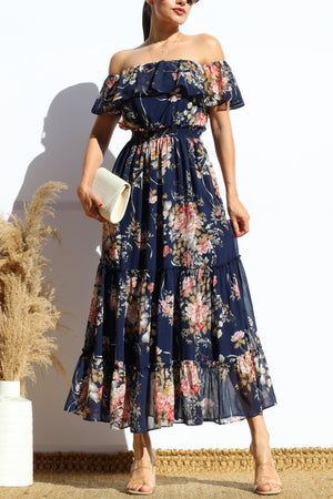 DD7959, FLORAL OFF SHOULDER MIDI DRESS