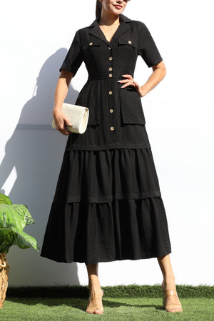 DD8014, POCKET BUTTON DOWN LINEN MIDI DRESS