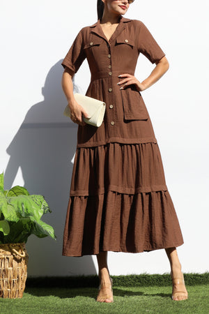 DD8014, POCKET BUTTON DOWN LINEN MIDI DRESS