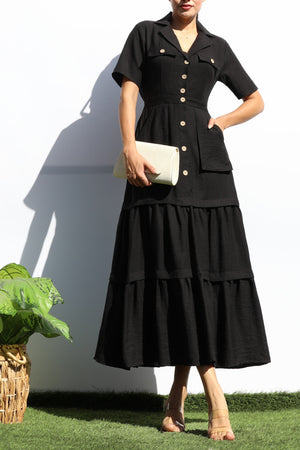 DD8014, POCKET BUTTON DOWN LINEN MIDI DRESS