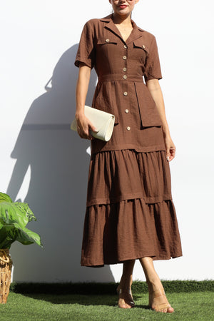 DD8014, POCKET BUTTON DOWN LINEN MIDI DRESS