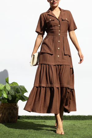DD8014, POCKET BUTTON DOWN LINEN MIDI DRESS