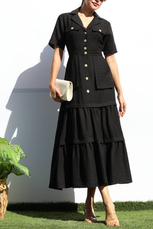 DD8014, POCKET BUTTON DOWN LINEN MIDI DRESS
