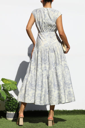 DD7900, PRINTED ROUND NECK TIERED MIDI DRESS