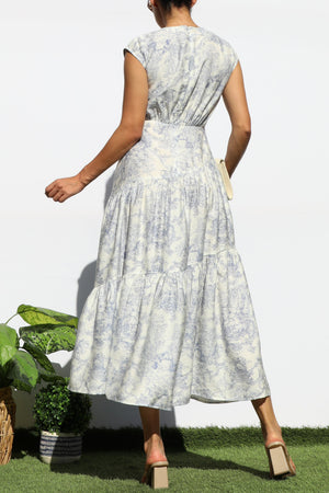 DD7900, PRINTED ROUND NECK TIERED MIDI DRESS