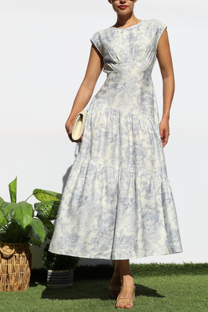 DD7900, PRINTED ROUND NECK TIERED MIDI DRESS