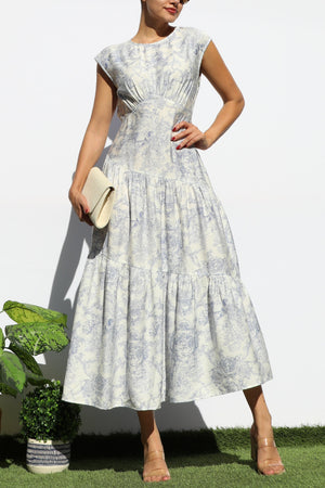DD7900, PRINTED ROUND NECK TIERED MIDI DRESS