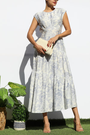 DD7900, PRINTED ROUND NECK TIERED MIDI DRESS