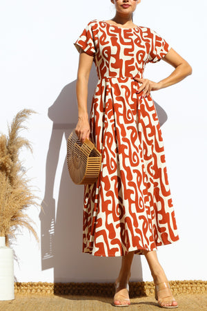 DD7939, PRINTED LOOSE FIT MIDI DRESS