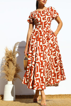 DD7939, PRINTED LOOSE FIT MIDI DRESS