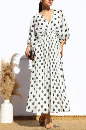 DD8152, POLKA DOT PLEATED V NECK LOOSE FIT MIDI DRESS