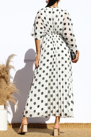 DD8152, POLKA DOT PLEATED V NECK LOOSE FIT MIDI DRESS