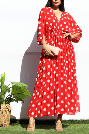 DD8152, POLKA DOT PLEATED V NECK LOOSE FIT MIDI DRESS