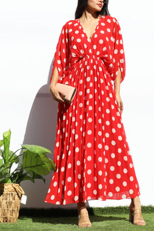 DD8152, POLKA DOT PLEATED V NECK LOOSE FIT MIDI DRESS