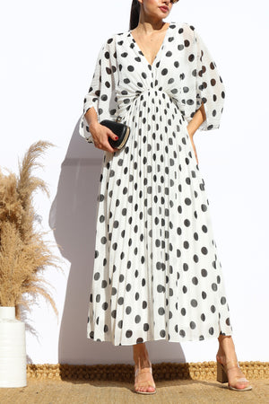 DD8152, POLKA DOT PLEATED V NECK LOOSE FIT MIDI DRESS