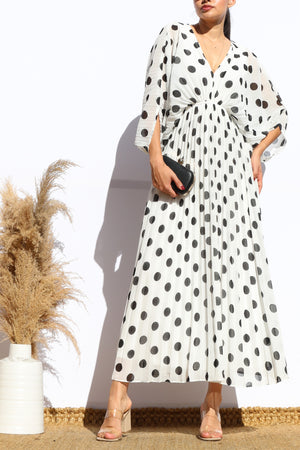 DD8152, POLKA DOT PLEATED V NECK LOOSE FIT MIDI DRESS