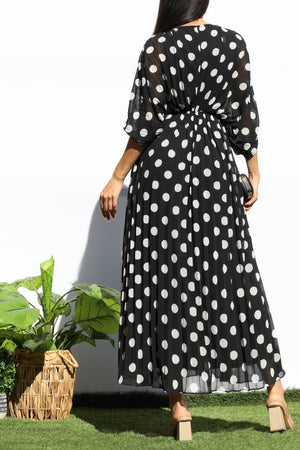 DD8152, POLKA DOT PLEATED V NECK LOOSE FIT MIDI DRESS