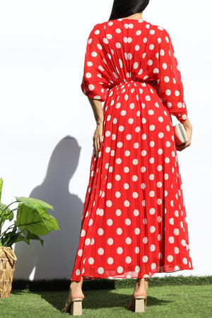 DD8152, POLKA DOT PLEATED V NECK LOOSE FIT MIDI DRESS
