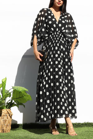 DD8152, POLKA DOT PLEATED V NECK LOOSE FIT MIDI DRESS