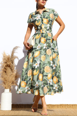 DD8108, PRINTED BUTTON DOWN MIDI DRESS
