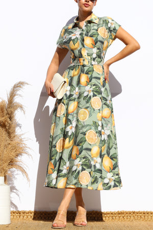 DD8108, PRINTED BUTTON DOWN MIDI DRESS