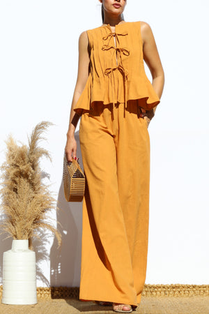 DD8158, RIBBON TIE WOVEN TOP AND PANTS SET