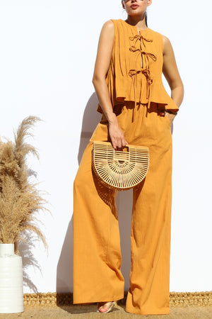 DD8158, RIBBON TIE WOVEN TOP AND PANTS SET