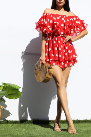 DD8128, POLKA DOT OFF SHOULDER ROMPER
